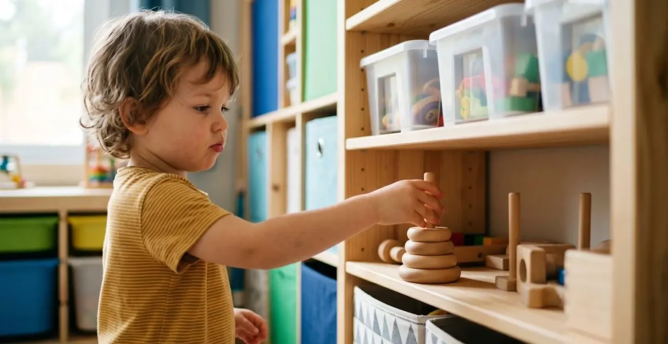 Système de rangement Montessori avec étagères basses et bacs en hauteur pour rotation des jouets