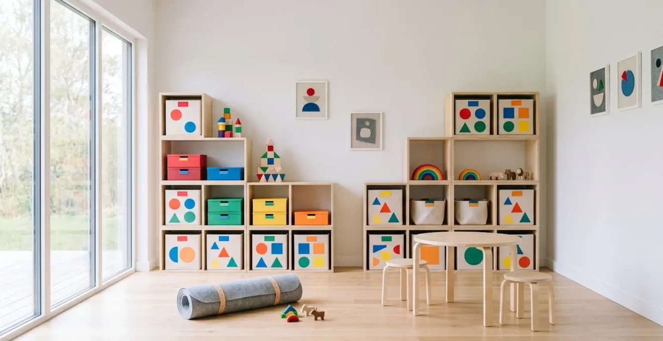 Système de rangement coloré pour puzzles avec boîtes et tapis organisés