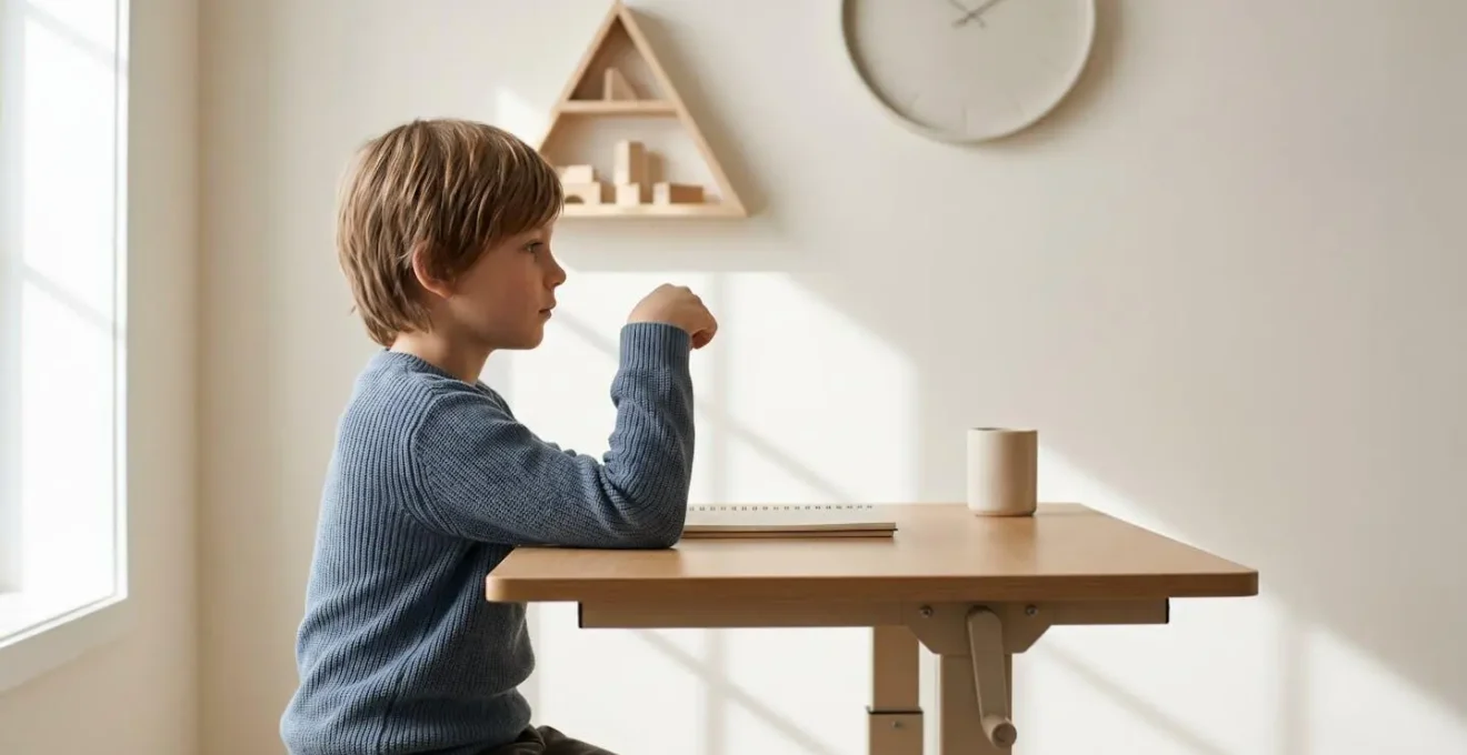 Vue latérale d'un enfant assis montrant l'alignement parfait des coudes à 90 degrés avec le plateau du bureau