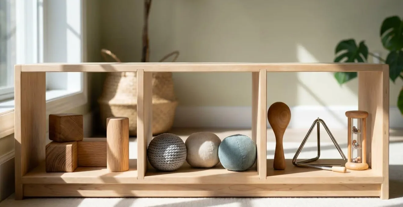 Étagère basse en bois avec trois catégories de jouets simples bien espacés