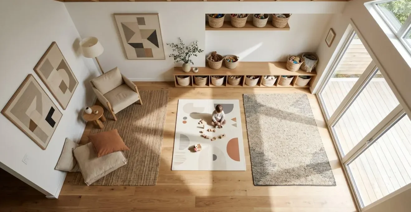 Vue aérienne d'un salon familial avec zones délimitées pour chaque enfant
