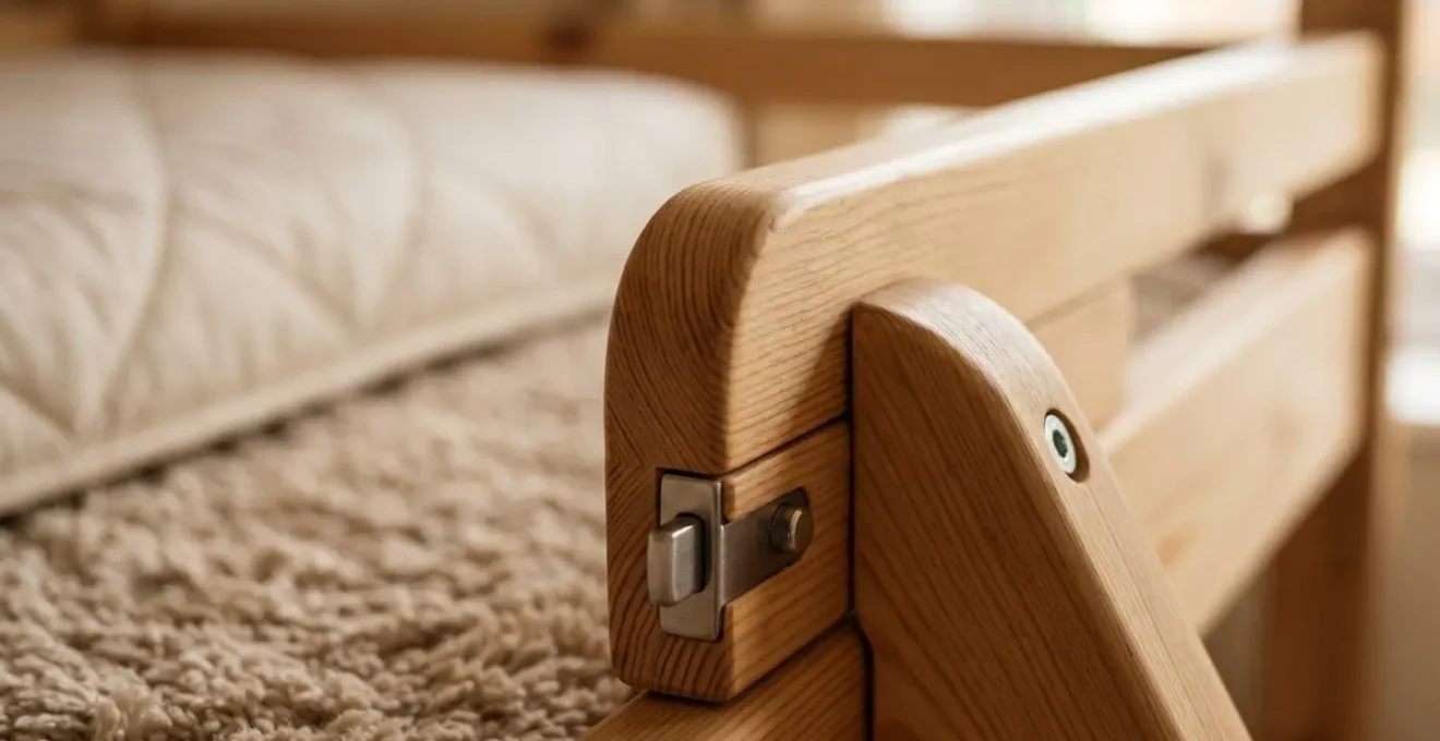 Gros plan sur un lit cabane avec barrières de sécurité amovibles et tapis moelleux au sol