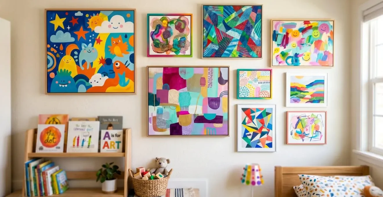 Mur de chambre d'enfant avec sélection d'œuvres abstraites colorées adaptées à différents âges
