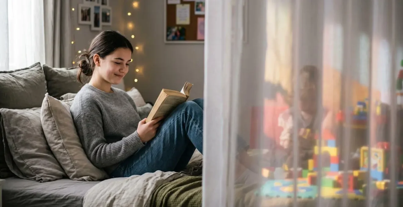 Chambre partagée avec séparation modulable par rideau entre espace adolescent et espace enfant