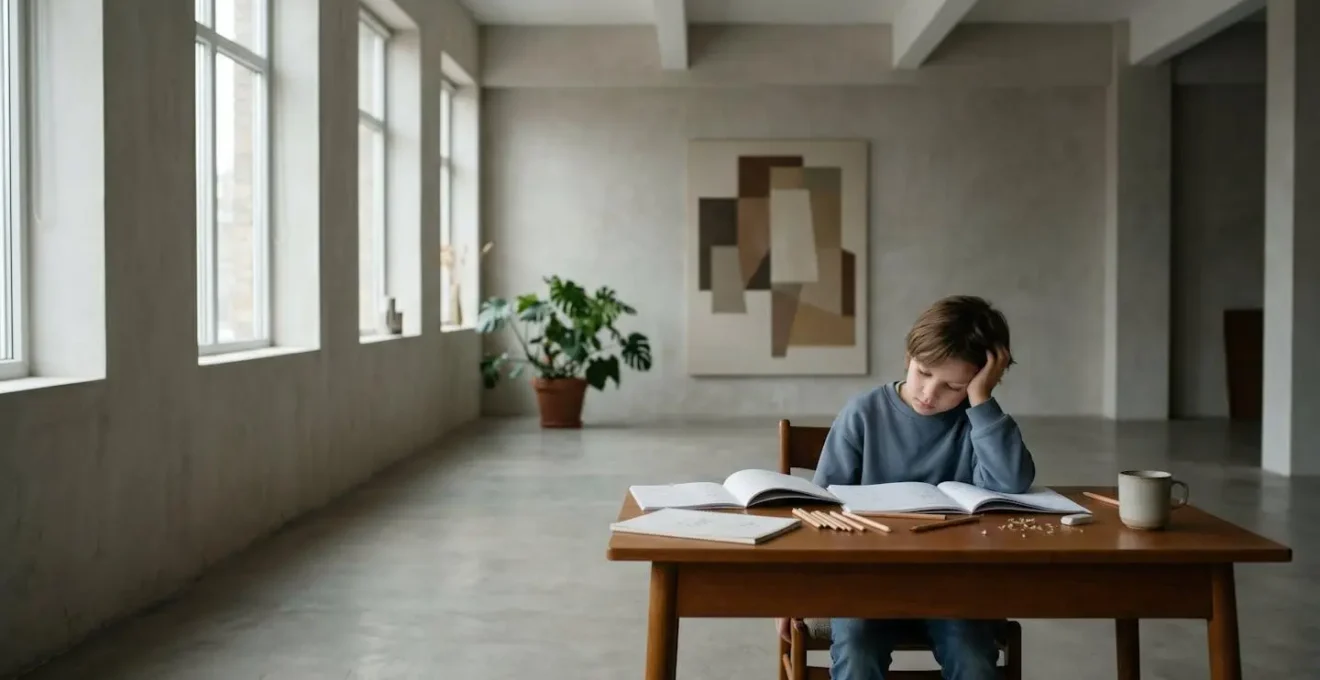 Enfant montrant des signes de fatigue posturale, tête appuyée sur la main, épaules affaissées