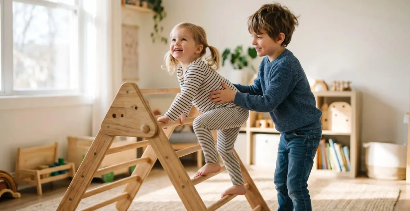 Triangle de Pikler en bois transformable avec différents accessoires modulaires