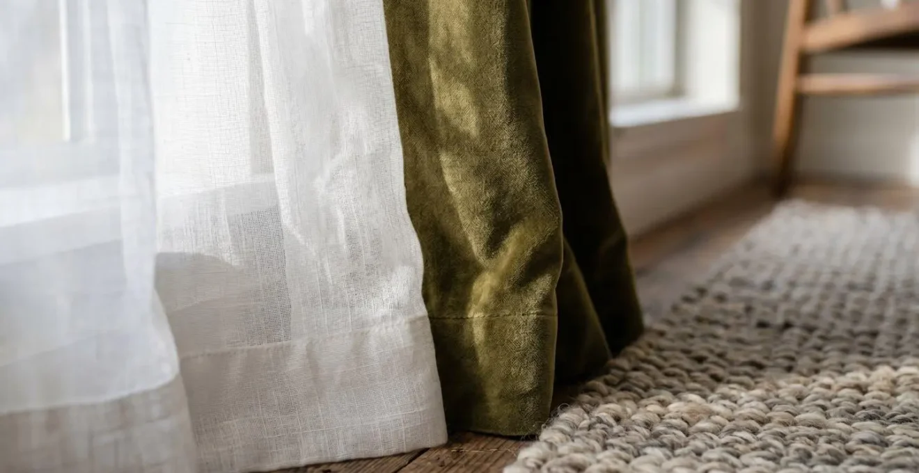 Vue détaillée d'un coin chambre avec rideaux superposés et tapis texturé