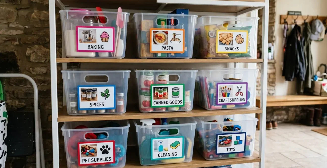 Paniers de rangement transparents avec système d'étiquetage par pictogrammes colorés et photos