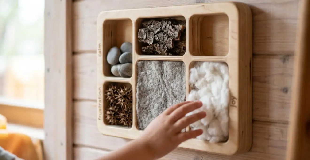 Tableau mural avec différentes textures et matériaux naturels représentant les émotions pour enfants