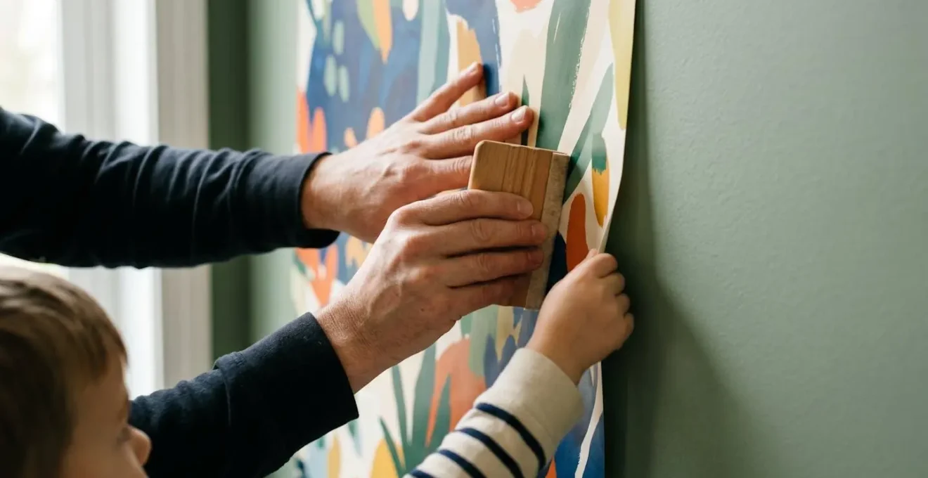 Mains d'adulte et d'enfant appliquant ensemble un sticker mural avec une raclette