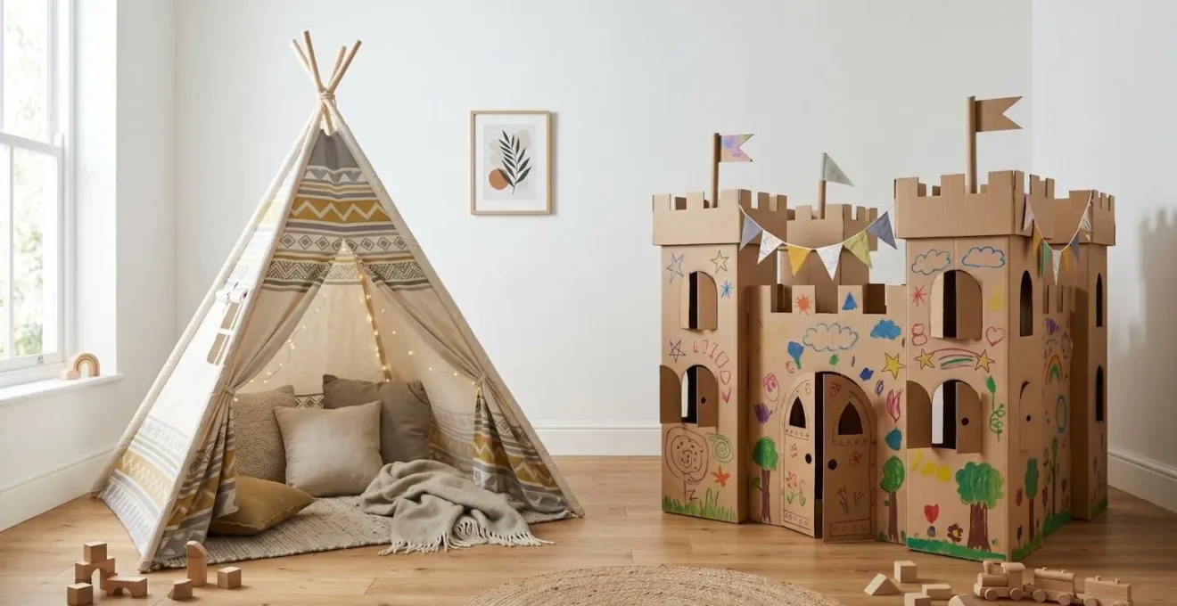 Comparaison entre un tipi en tissu coloré et une cabane en carton personnalisée dans une chambre d'enfant