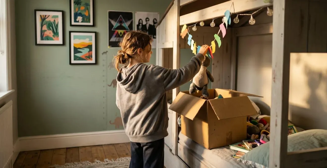 Vue d'ensemble d'une chambre d'adolescent avec lit cabane transformé en lit classique
