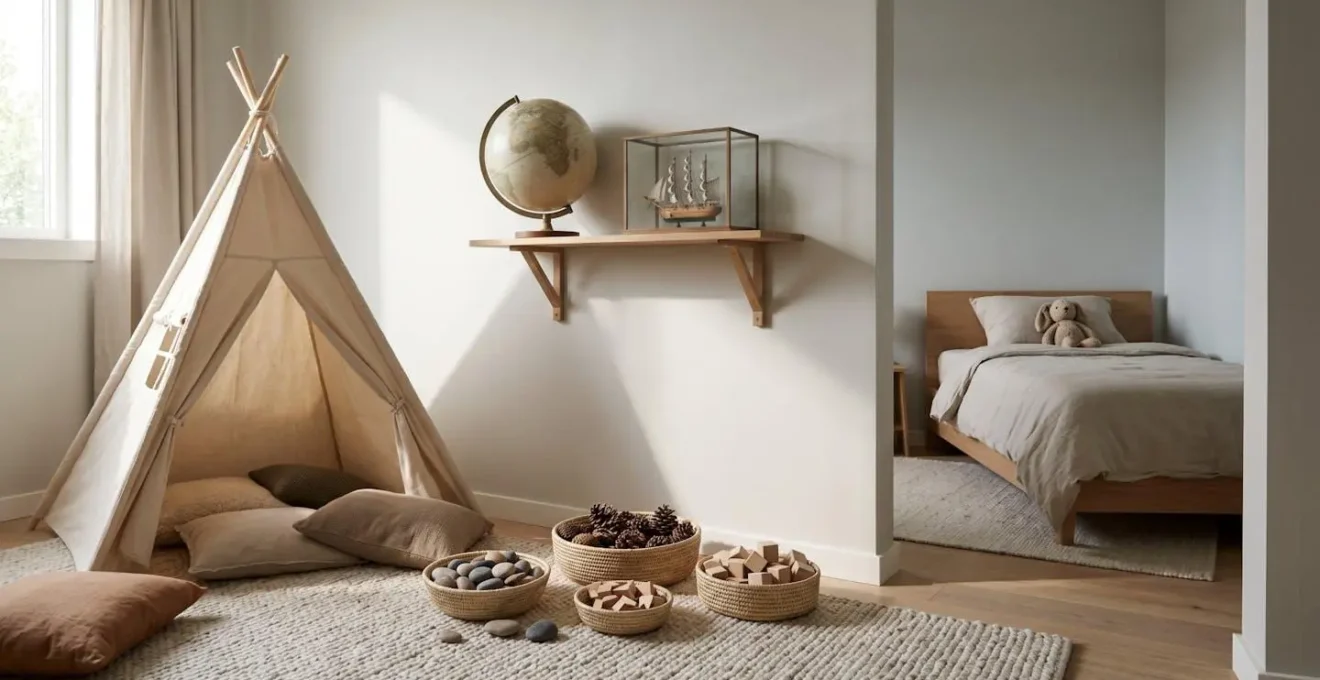 Vue d'ensemble d'une chambre d'enfant montrant trois espaces distincts : coin jeu avec tente, étagère haute avec objets décoratifs, et zone de repos épurée
