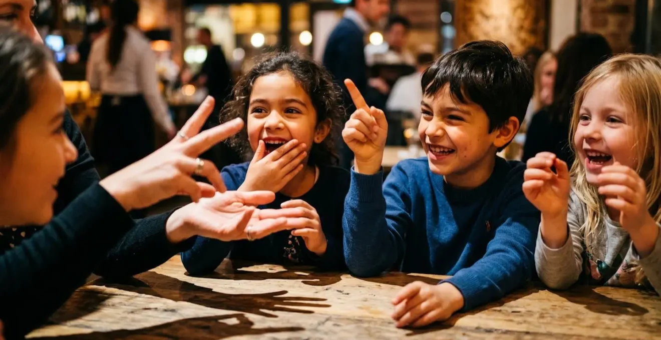 Enfants autour d'une table de restaurant jouant à des jeux de devinettes avec leurs parents