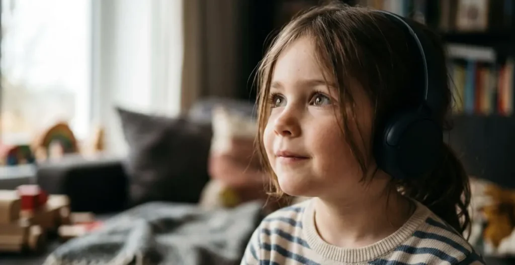 Enfant concentré écoutant des sons de jungle pendant son jeu d'exploration Enfant concentré écoutant des sons de jungle pendant son jeu d'exploration